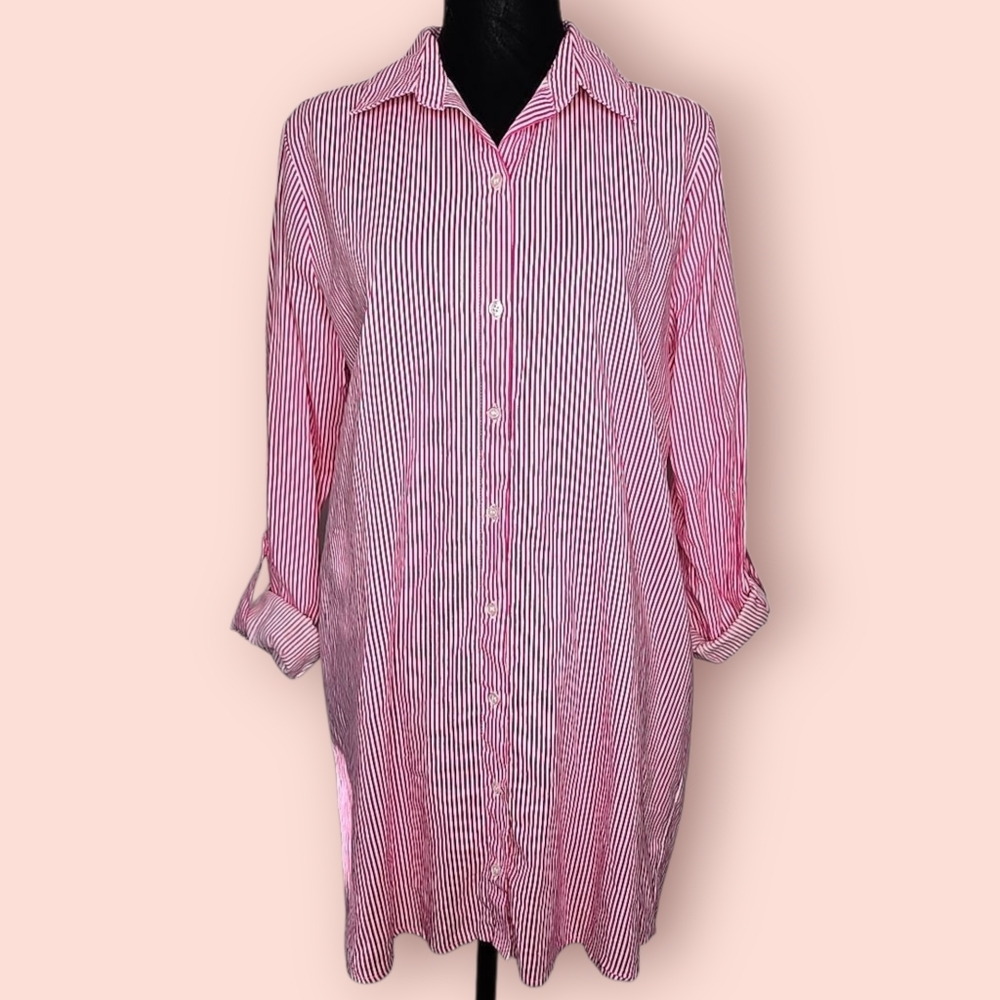 Saks Fifth Avenue Striped Linen Cotton Shirt Dress Size M Pink Old Money Summer